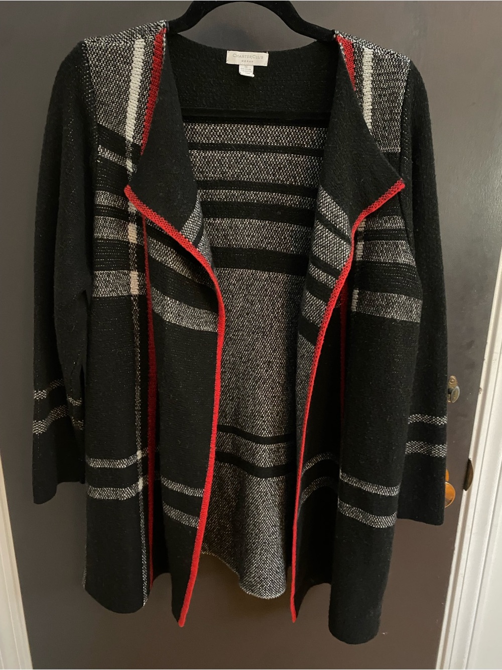 Charter Club Black Plaid Open Front Long Cardigan Sweater with Red Trim 1X